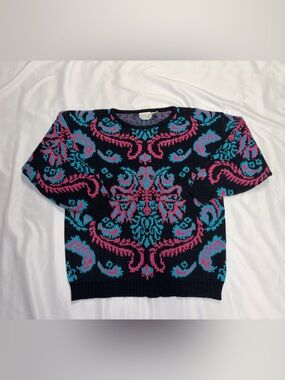 Vintage Evian LTD Crewneck Sweater with Pink & Teal Paisley Pattern   Lot O